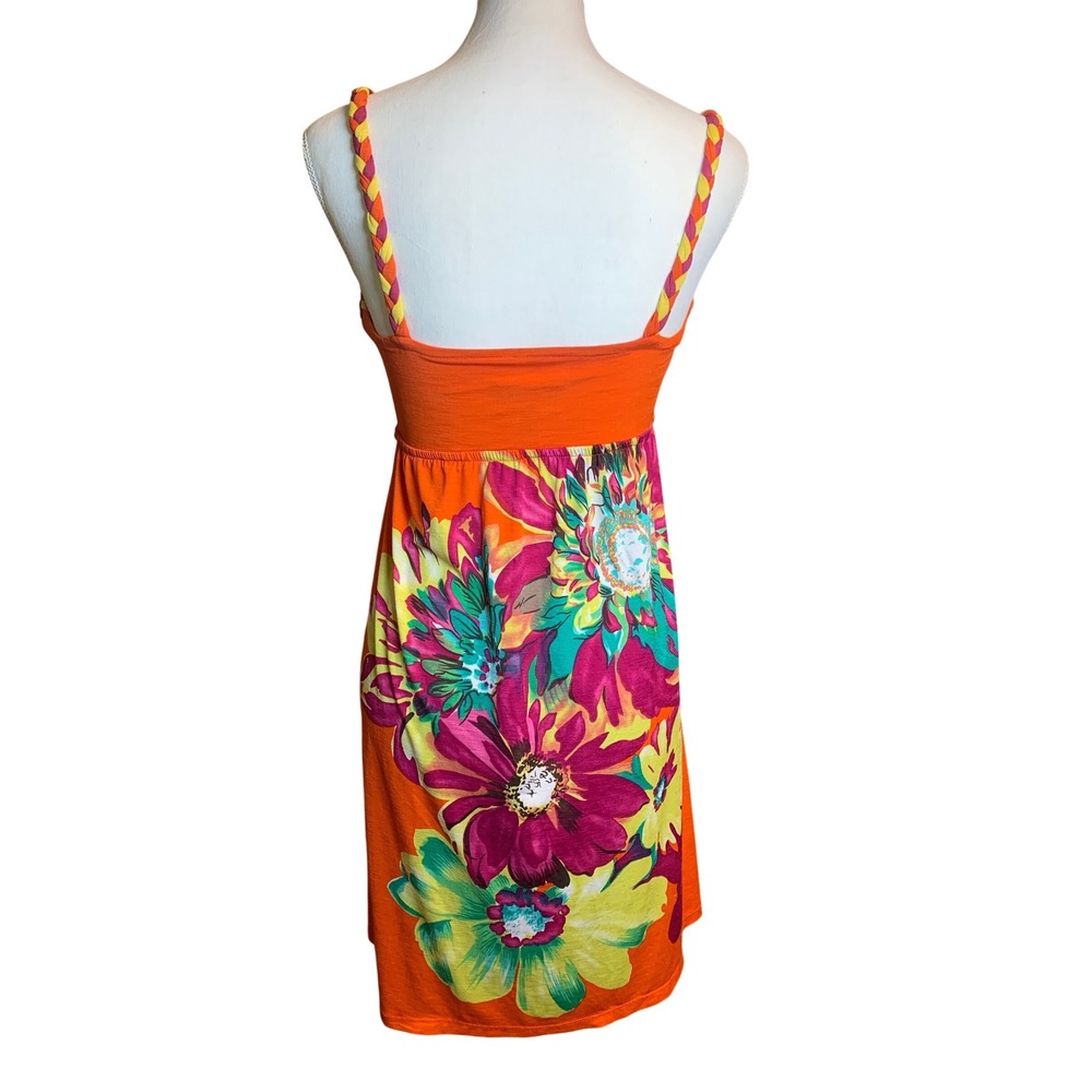 MCM Y2K Orange Tropical Floral Braided Strap Empire Waist Mini Dress‎ Preloved - Picture 2 of 9